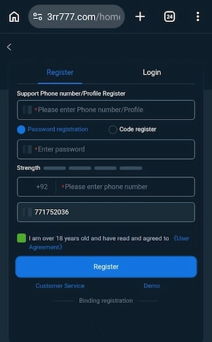 3RR777 Game account creation and registration process on Android
